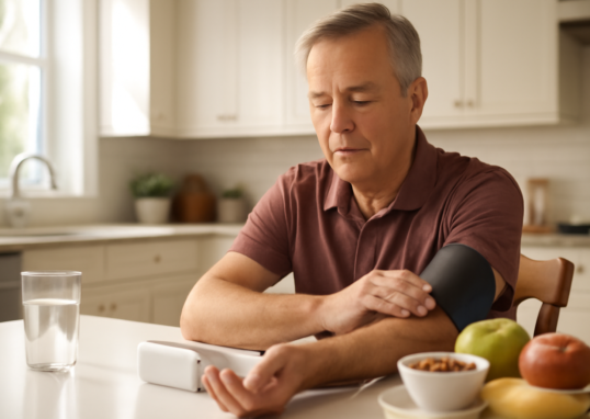 Middle-aged adult checking blood pressure at home as part of heart disease management routine