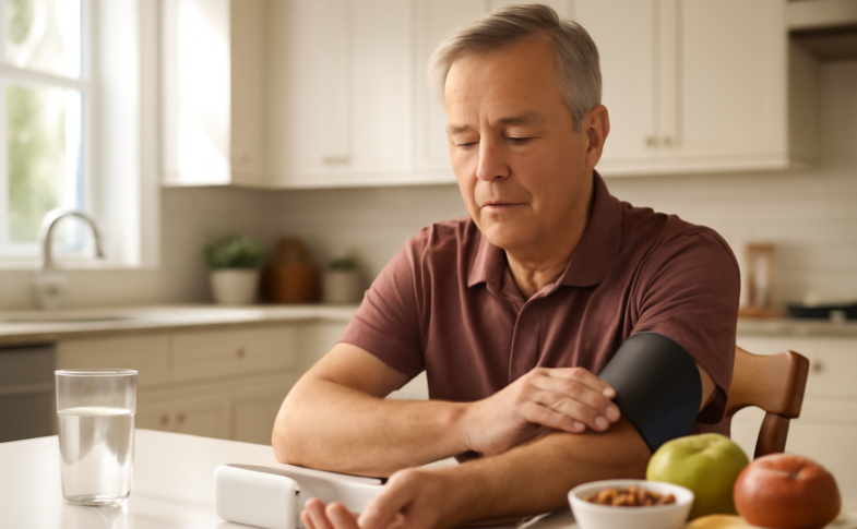 Middle-aged adult checking blood pressure at home as part of heart disease management routine