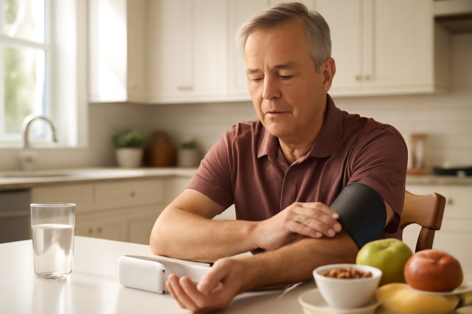 Middle-aged adult checking blood pressure at home as part of heart disease management routine