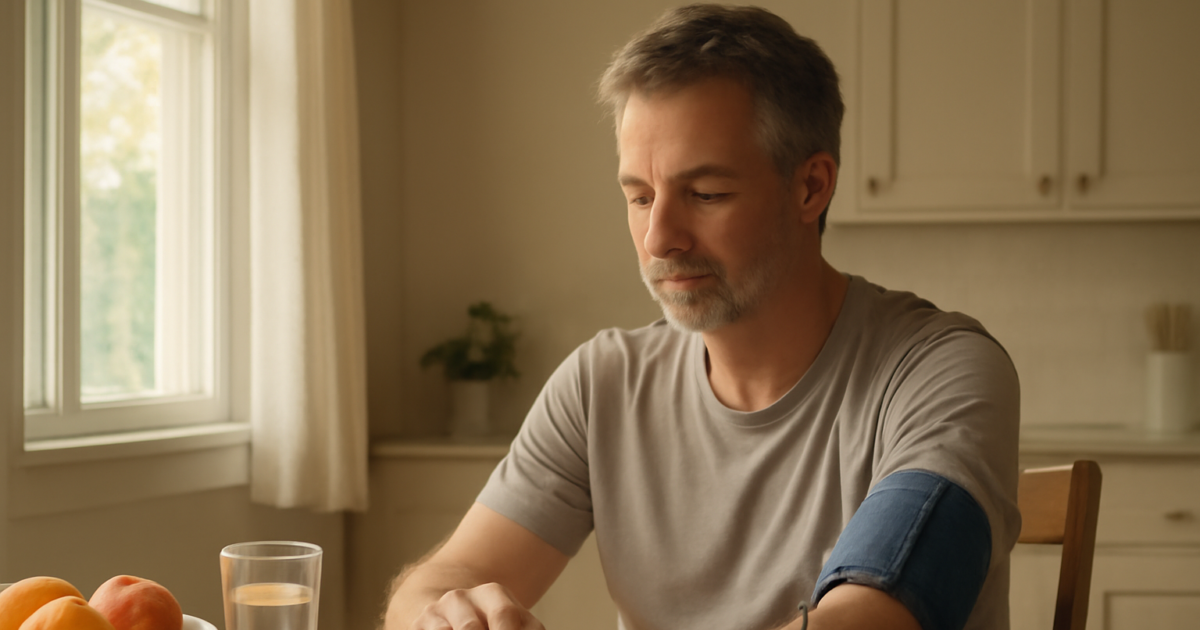 Middle-aged man checking blood pressure at home with a digital monitor on kitchen table