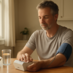 Middle-aged man checking blood pressure at home with a digital monitor on kitchen table