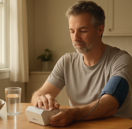 Middle-aged man checking blood pressure at home with a digital monitor on kitchen table