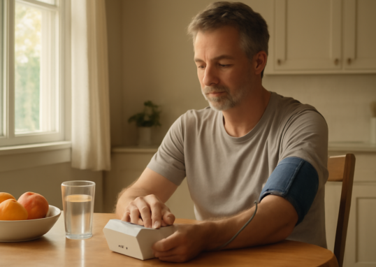 Middle-aged man checking blood pressure at home with a digital monitor on kitchen table