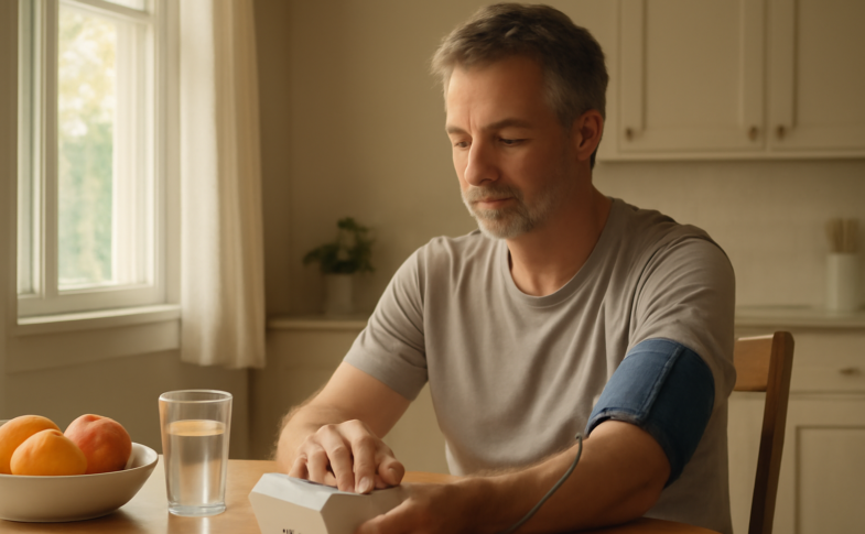 Middle-aged man checking blood pressure at home with a digital monitor on kitchen table