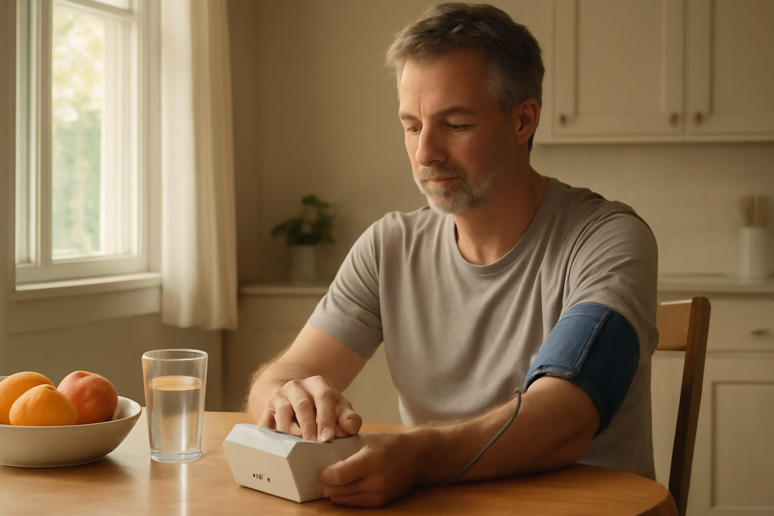 Middle-aged man checking blood pressure at home with a digital monitor on kitchen table