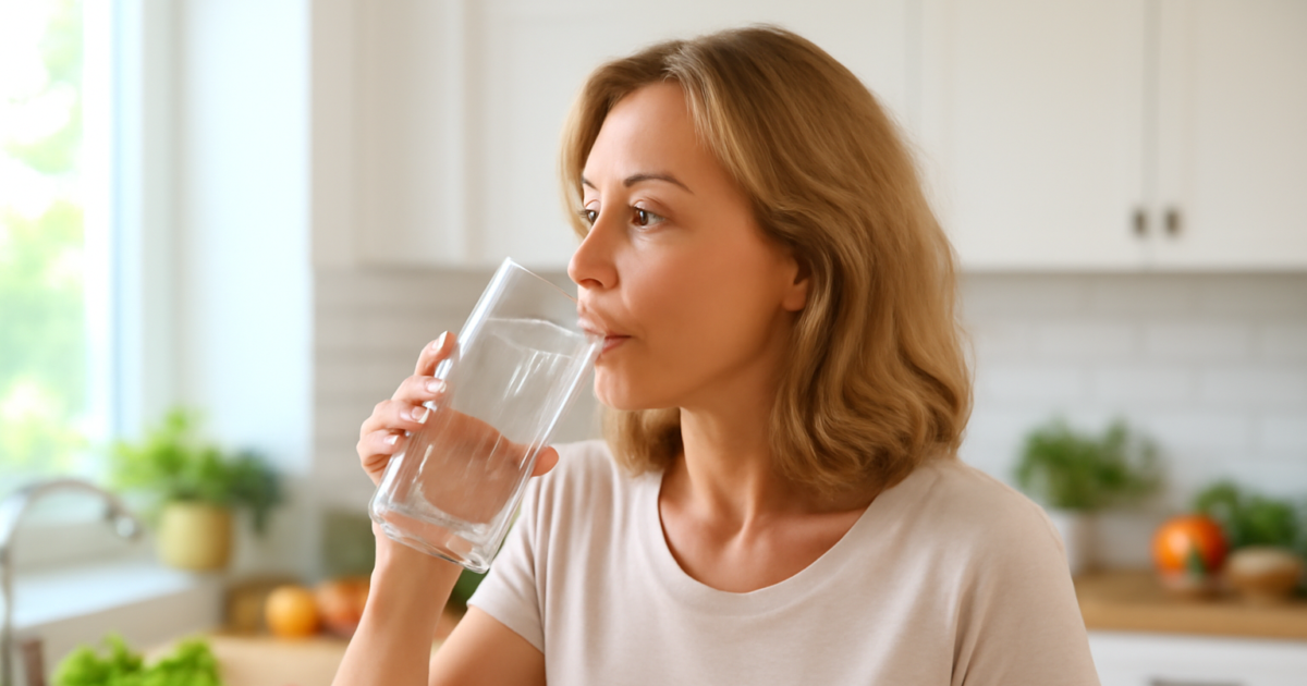 Woman drinking a glass of water in a bright kitchen as part of a healthy daily routine
