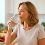 Woman drinking a glass of water in a bright kitchen as part of a healthy daily routine