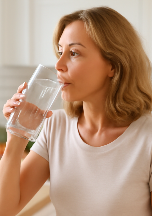 Woman drinking a glass of water in a bright kitchen as part of a healthy daily routine