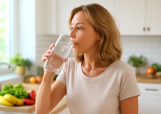 Woman drinking a glass of water in a bright kitchen as part of a healthy daily routine