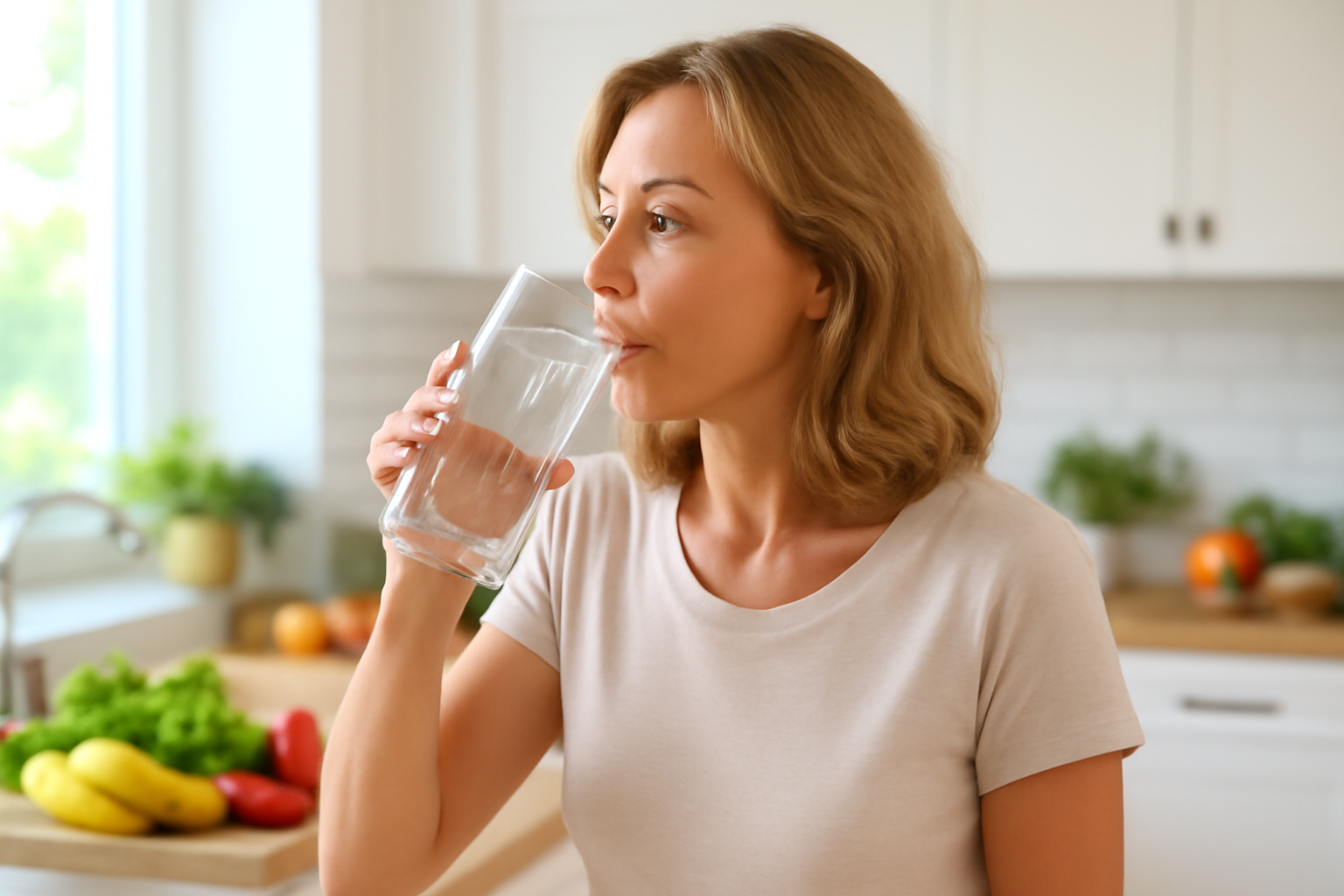 Woman drinking a glass of water in a bright kitchen as part of a healthy daily routine