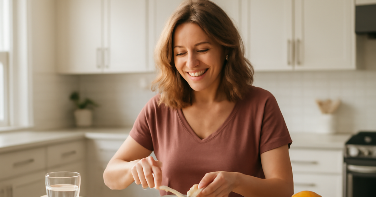 Woman building healthy habits with nutritious breakfast and morning routine in a bright kitchen