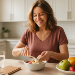 Woman building healthy habits with nutritious breakfast and morning routine in a bright kitchen
