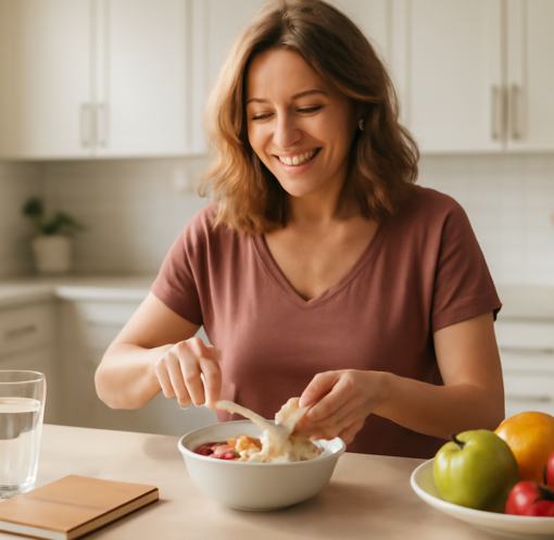Woman building healthy habits with nutritious breakfast and morning routine in a bright kitchen