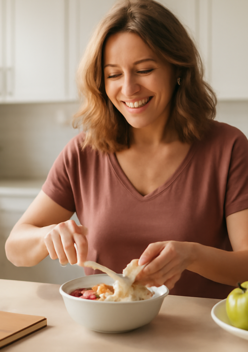 Woman building healthy habits with nutritious breakfast and morning routine in a bright kitchen