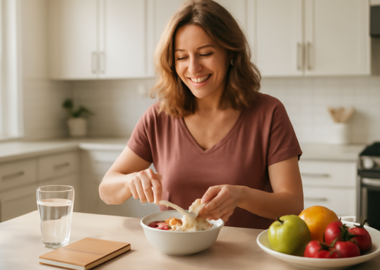 Woman building healthy habits with nutritious breakfast and morning routine in a bright kitchen