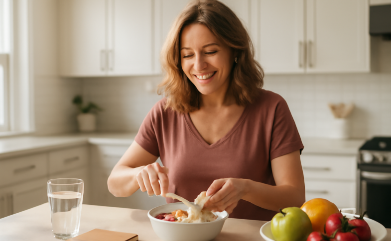 Woman building healthy habits with nutritious breakfast and morning routine in a bright kitchen