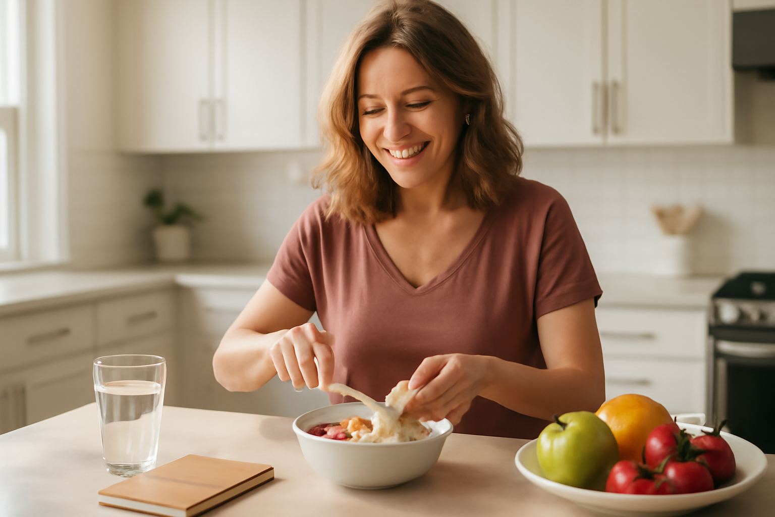 Woman building healthy habits with nutritious breakfast and morning routine in a bright kitchen