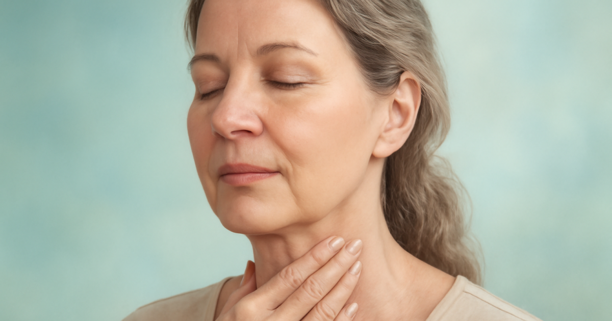 Middle-aged woman touching her neck near the thyroid gland, representing hypothyroidism awareness