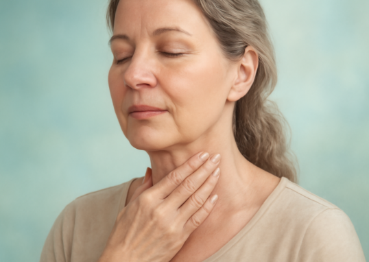 Middle-aged woman touching her neck near the thyroid gland, representing hypothyroidism awareness