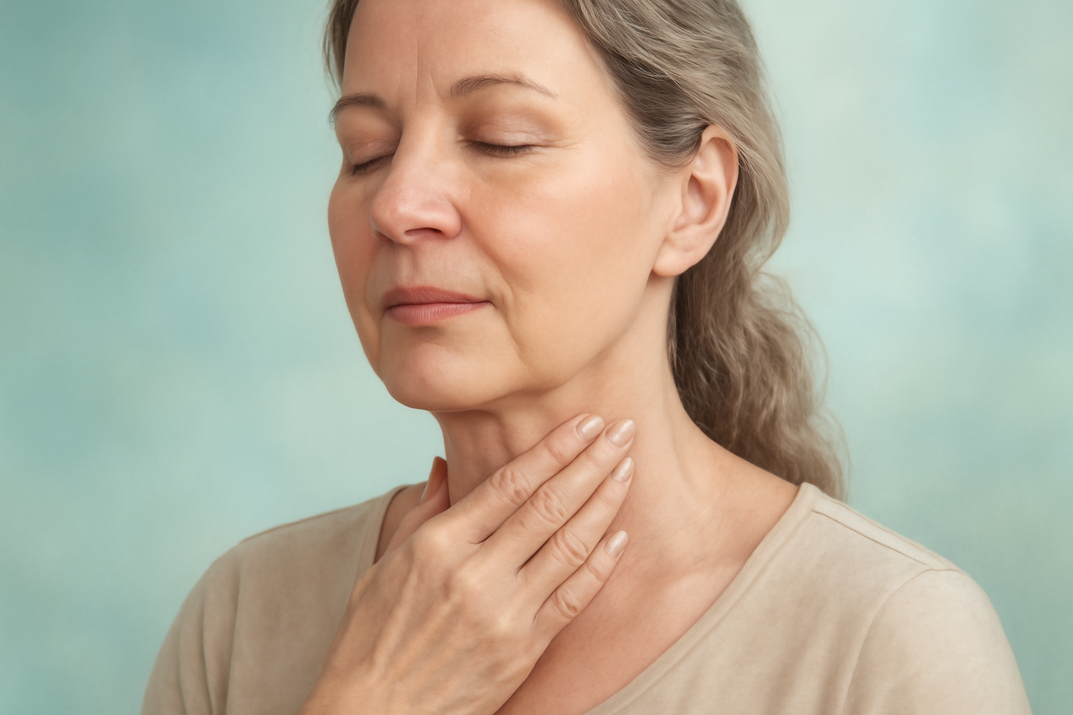 Middle-aged woman touching her neck near the thyroid gland, representing hypothyroidism awareness