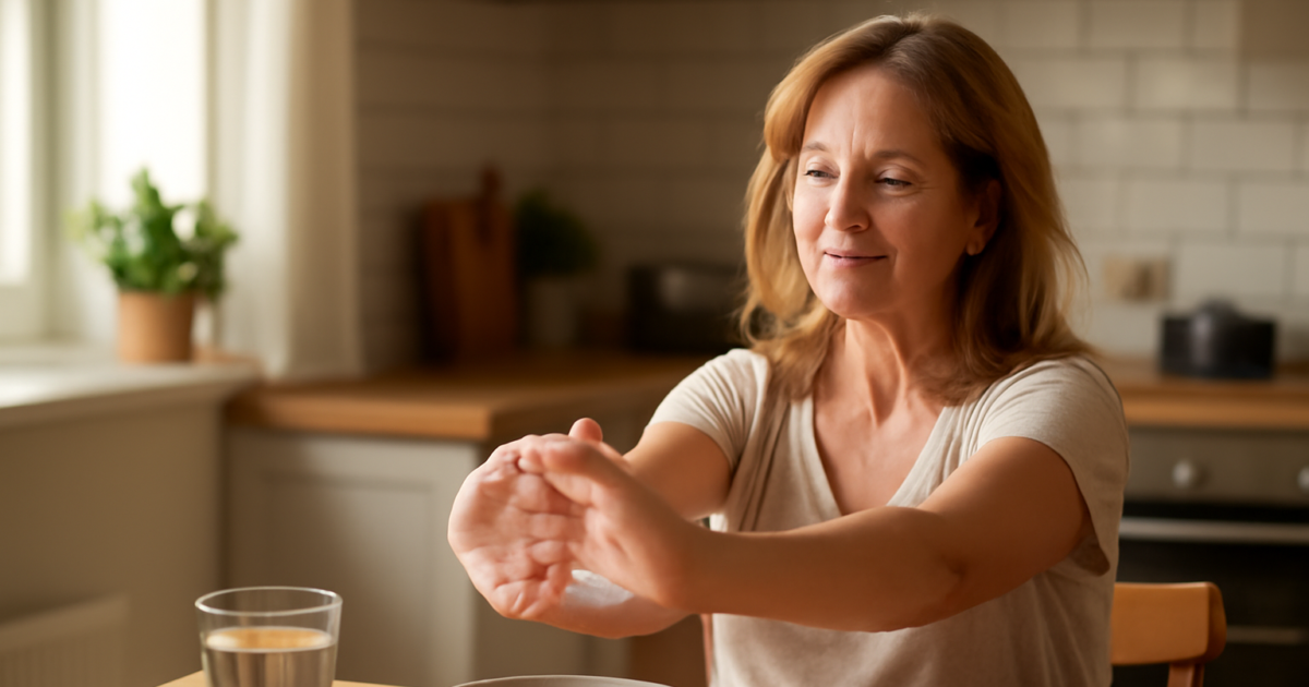 Middle-aged woman doing hand stretches for rheumatoid arthritis management at home