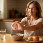 Middle-aged woman doing hand stretches for rheumatoid arthritis management at home