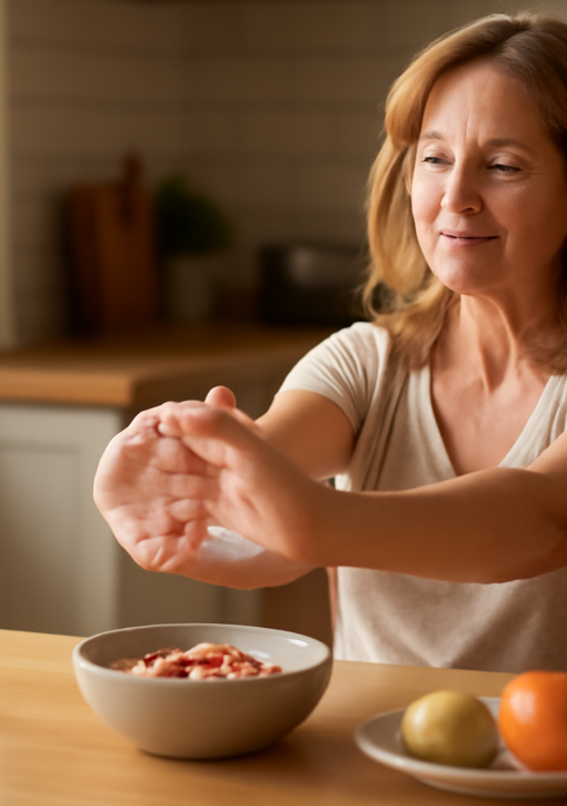 Middle-aged woman doing hand stretches for rheumatoid arthritis management at home