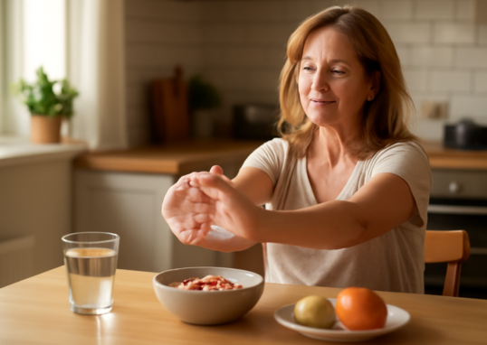 Middle-aged woman doing hand stretches for rheumatoid arthritis management at home