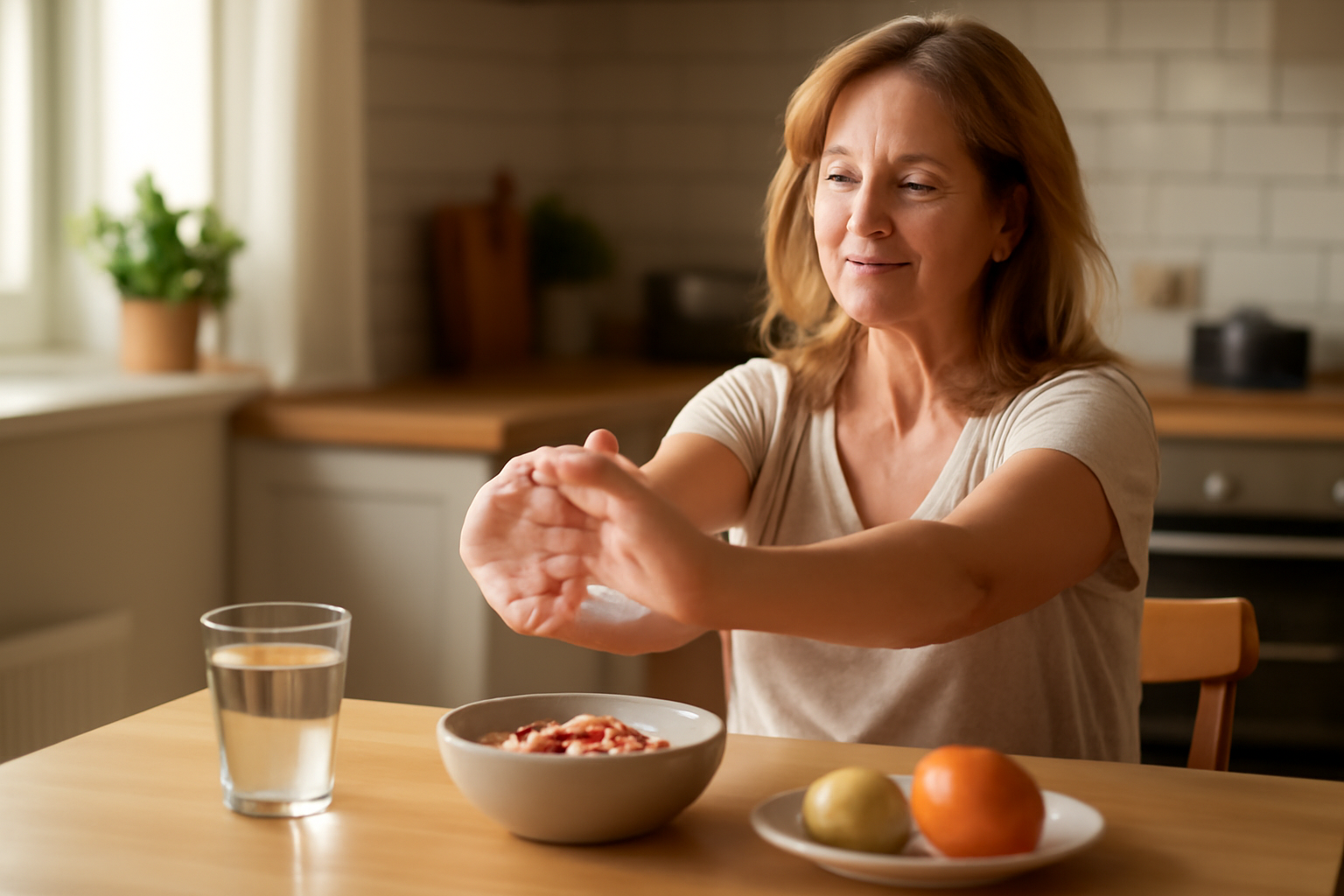 Middle-aged woman doing hand stretches for rheumatoid arthritis management at home