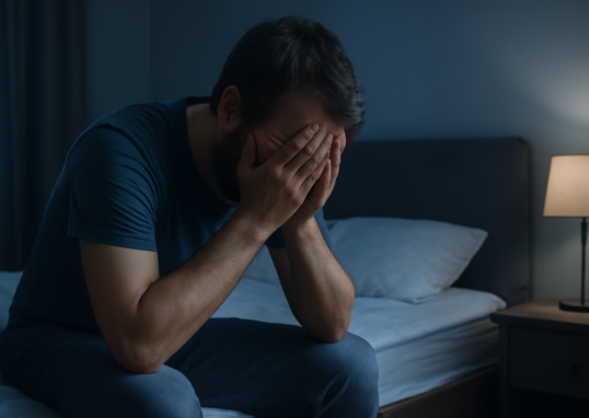 Tired adult sitting on bed at night showing signs of sleep deprivation and mental exhaustion