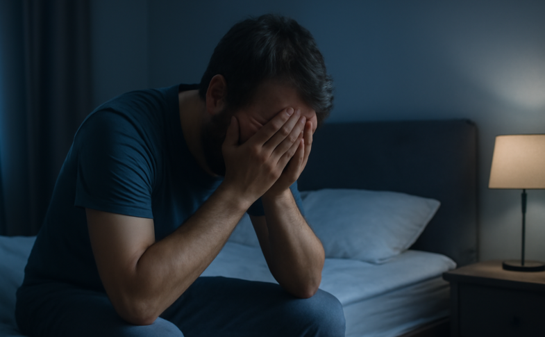 Tired adult sitting on bed at night showing signs of sleep deprivation and mental exhaustion