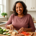 Middle-aged woman preparing a healthy meal to manage type 2 diabetes
