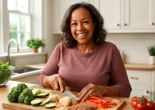 Middle-aged woman preparing a healthy meal to manage type 2 diabetes