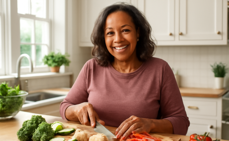 Middle-aged woman preparing a healthy meal to manage type 2 diabetes