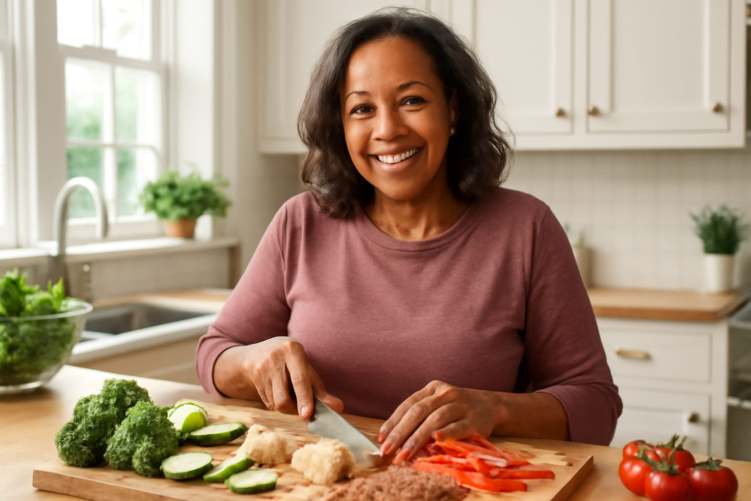 Middle-aged woman preparing a healthy meal to manage type 2 diabetes