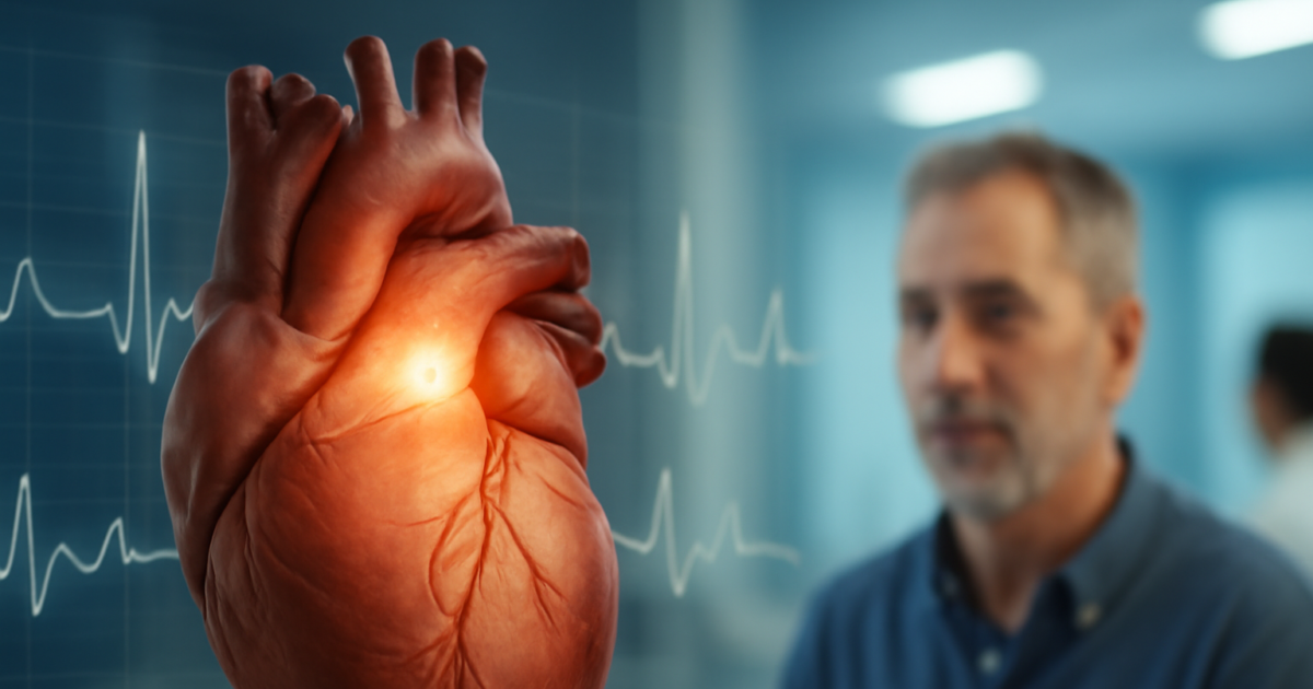 Illustration of a human heart showing atrial fibrillation with an irregular ECG waveform