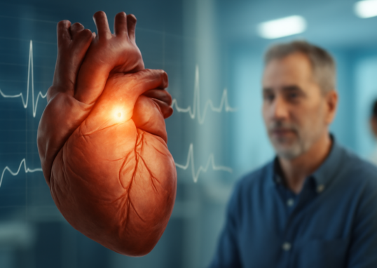 Illustration of a human heart showing atrial fibrillation with an irregular ECG waveform