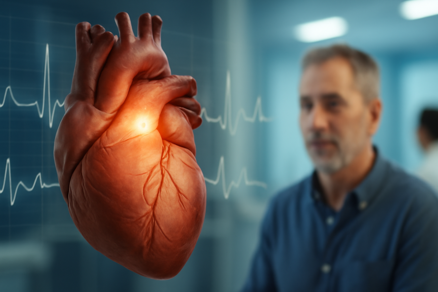 Illustration of a human heart showing atrial fibrillation with an irregular ECG waveform