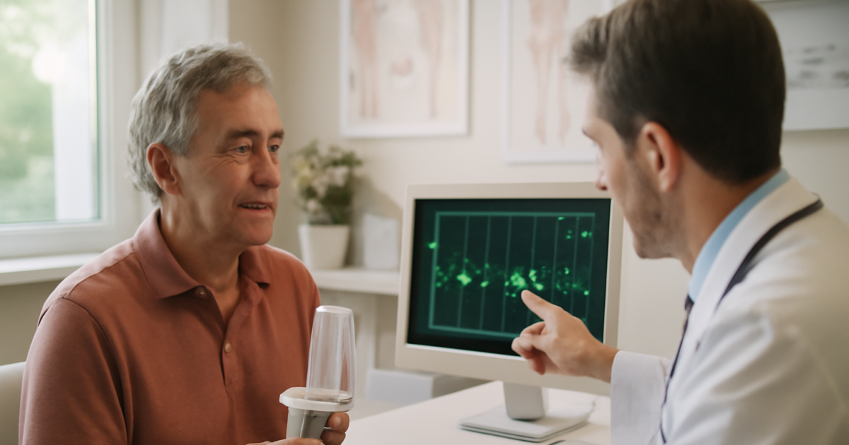 Older man using a spirometer during a cardiology and pulmonology consultation for COPD and heart disease management
