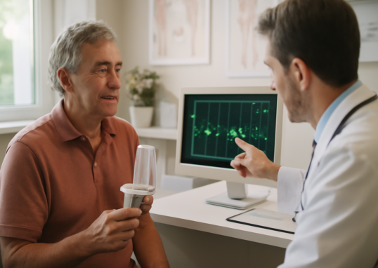 Older man using a spirometer during a cardiology and pulmonology consultation for COPD and heart disease management