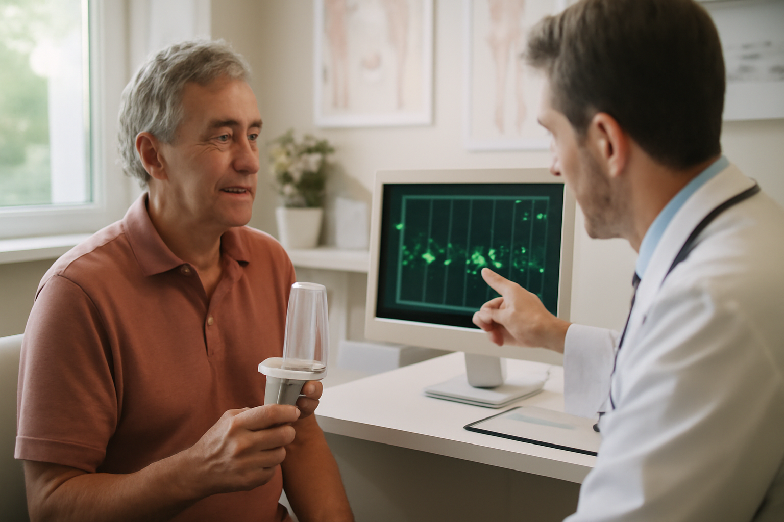 Older man using a spirometer during a cardiology and pulmonology consultation for COPD and heart disease management