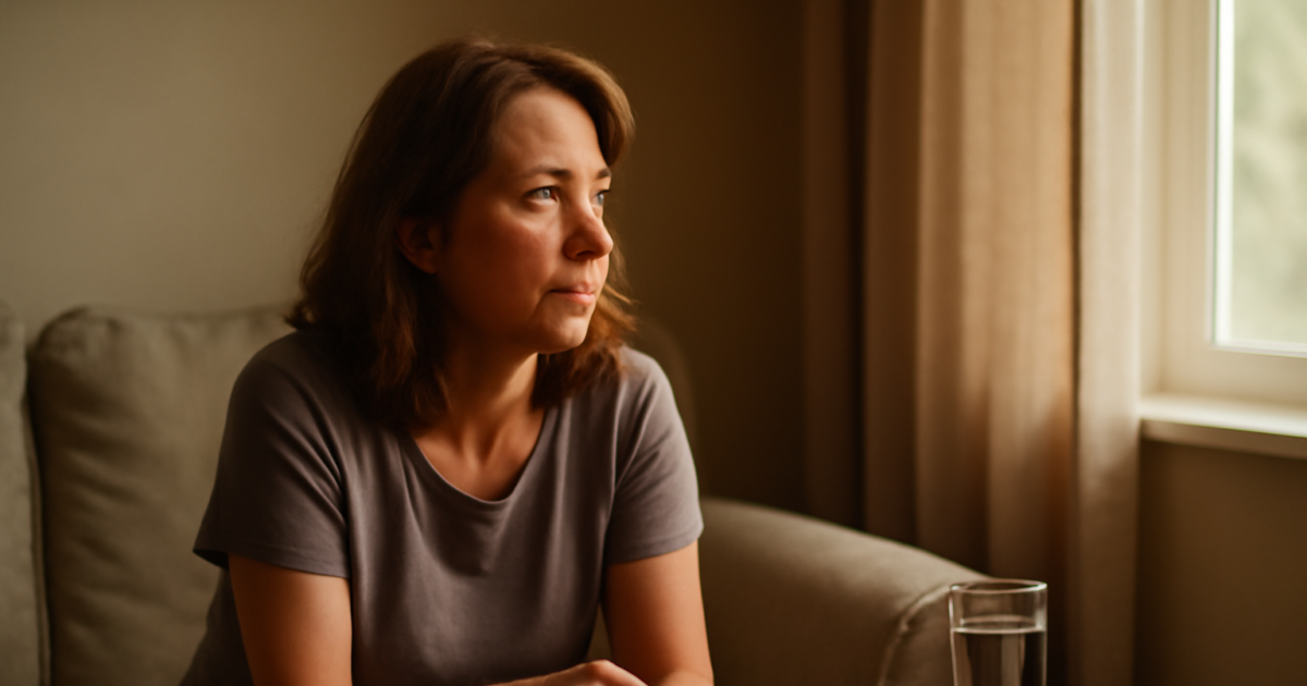 Middle-aged woman resting at home experiencing fibromyalgia pain and fatigue
