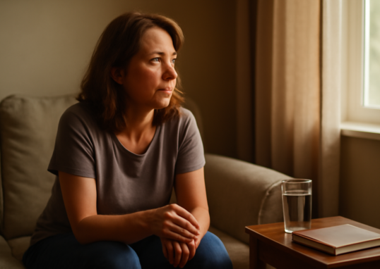 Middle-aged woman resting at home experiencing fibromyalgia pain and fatigue