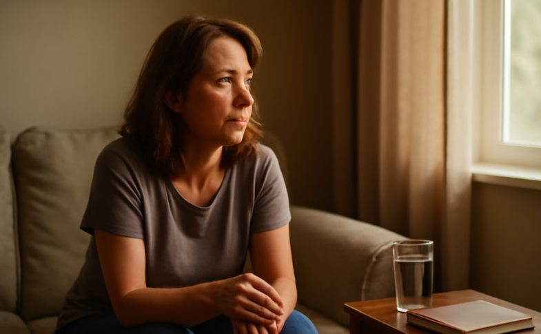 Middle-aged woman resting at home experiencing fibromyalgia pain and fatigue
