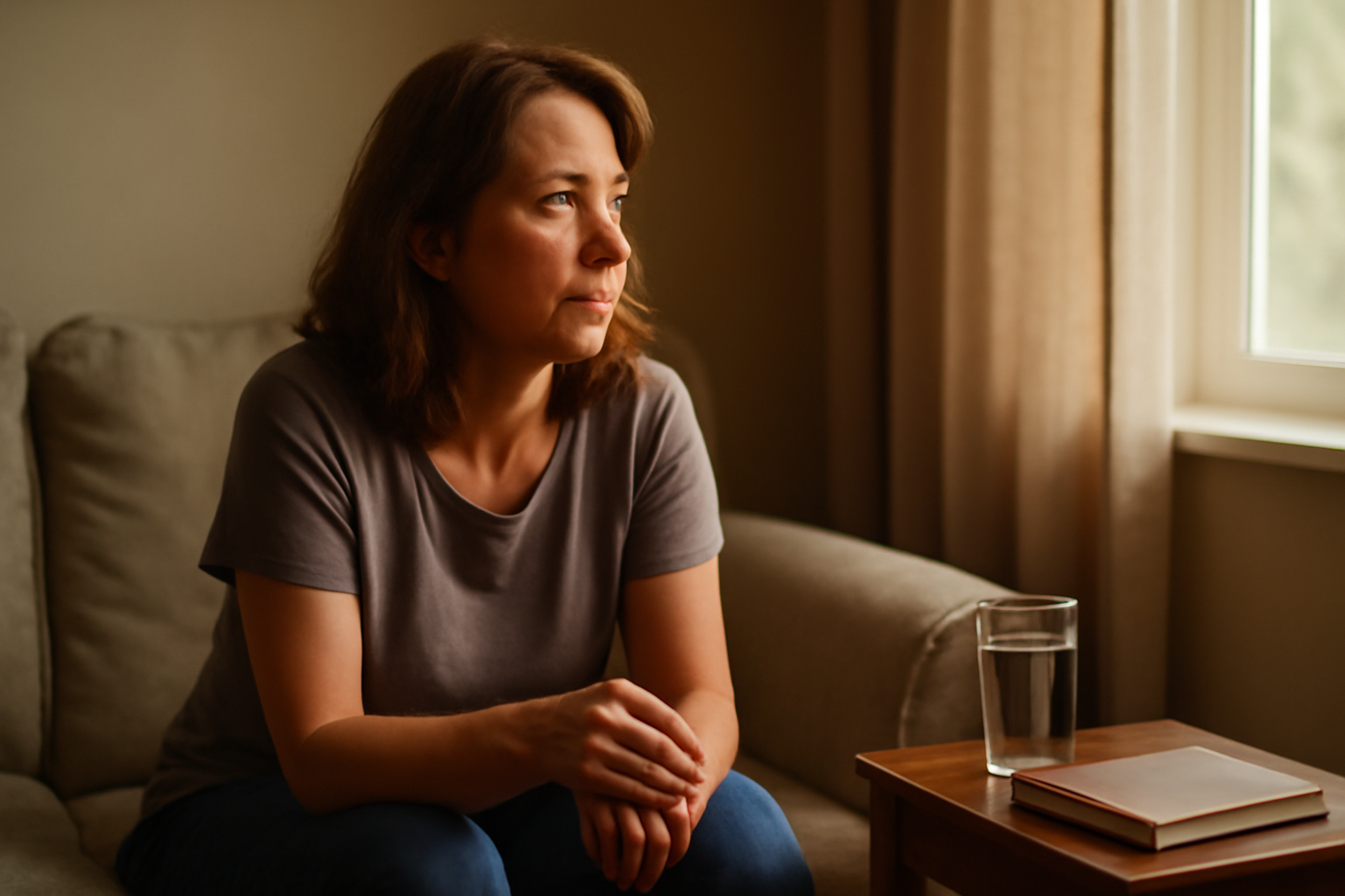 Middle-aged woman resting at home experiencing fibromyalgia pain and fatigue