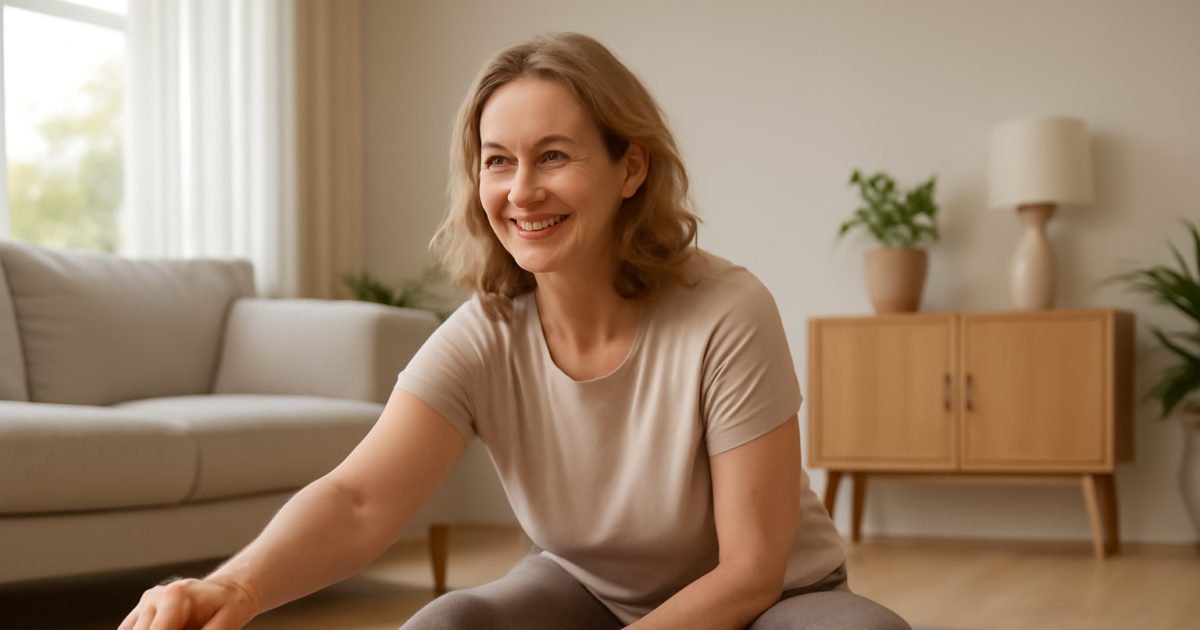 Woman over 35 doing a stretching routine on a yoga mat at home to improve flexibility and reduce back pain