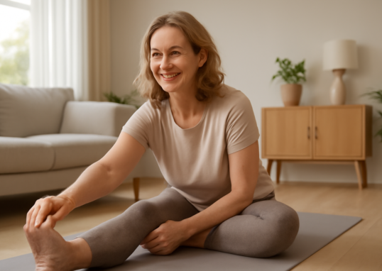 Woman over 35 doing a stretching routine on a yoga mat at home to improve flexibility and reduce back pain