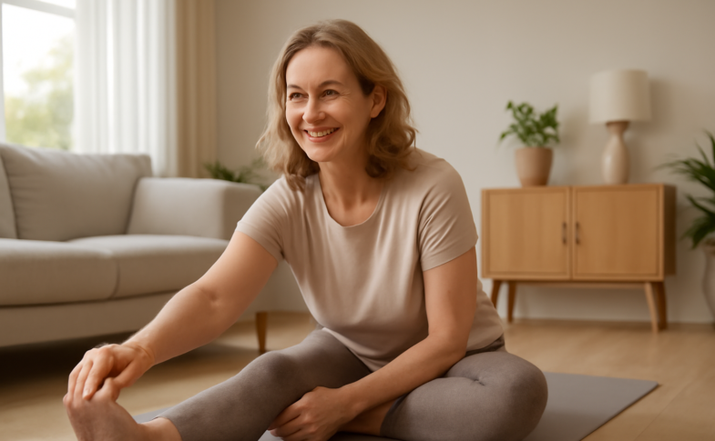 Woman over 35 doing a stretching routine on a yoga mat at home to improve flexibility and reduce back pain