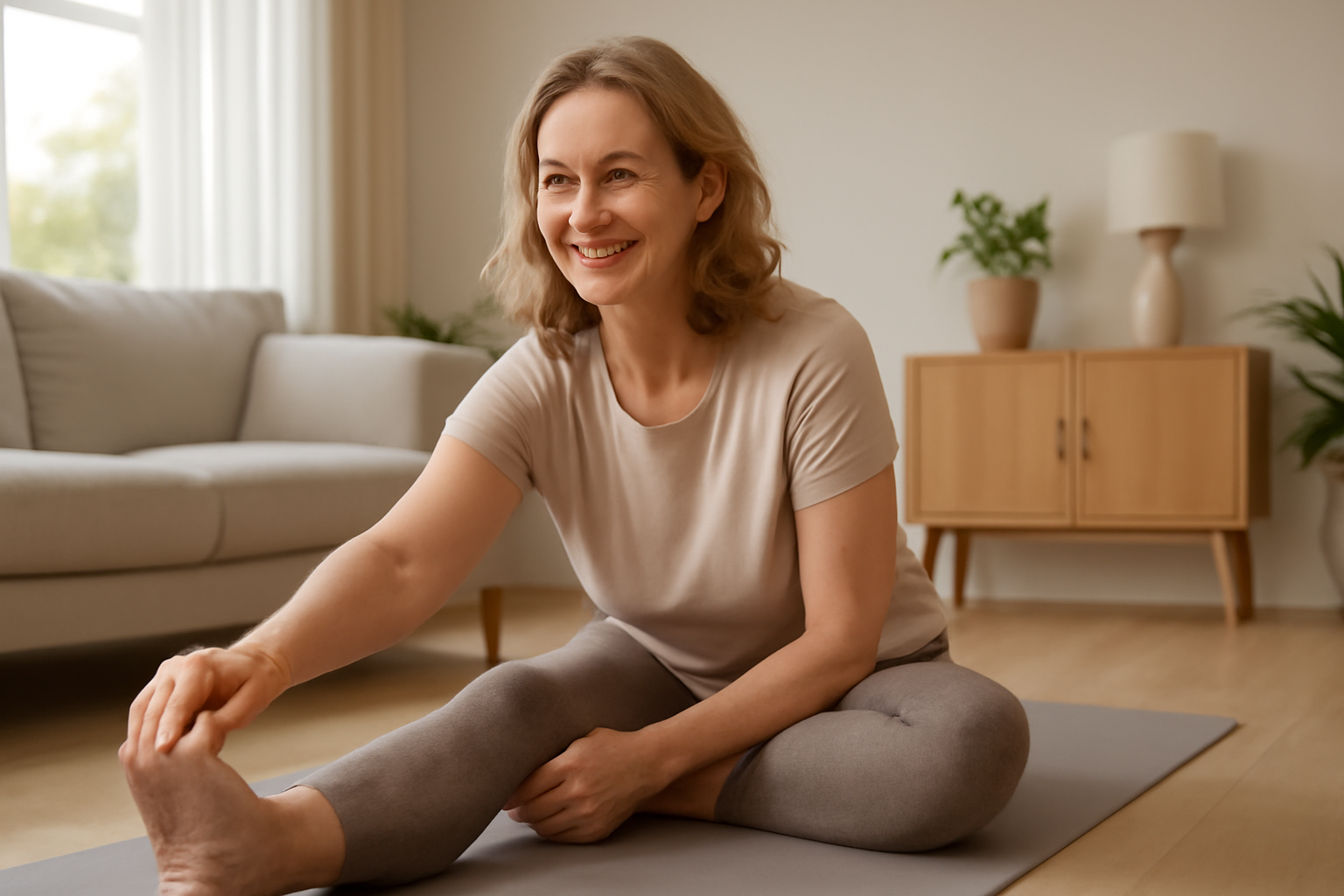 Woman over 35 doing a stretching routine on a yoga mat at home to improve flexibility and reduce back pain