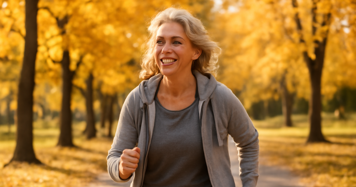 Woman in her 50s walking outdoors in a park as part of her daily movement routine for healthy aging